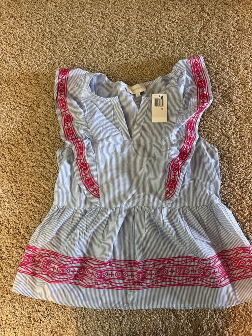 Skies Are Blue Light Blue & Pink Striped Ruffle Peplum Top